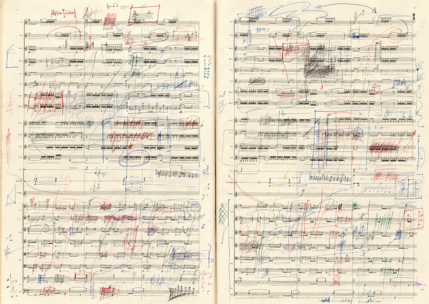 Open orchestral score from Dark Clouds with layered compositional revisions and diagrams
