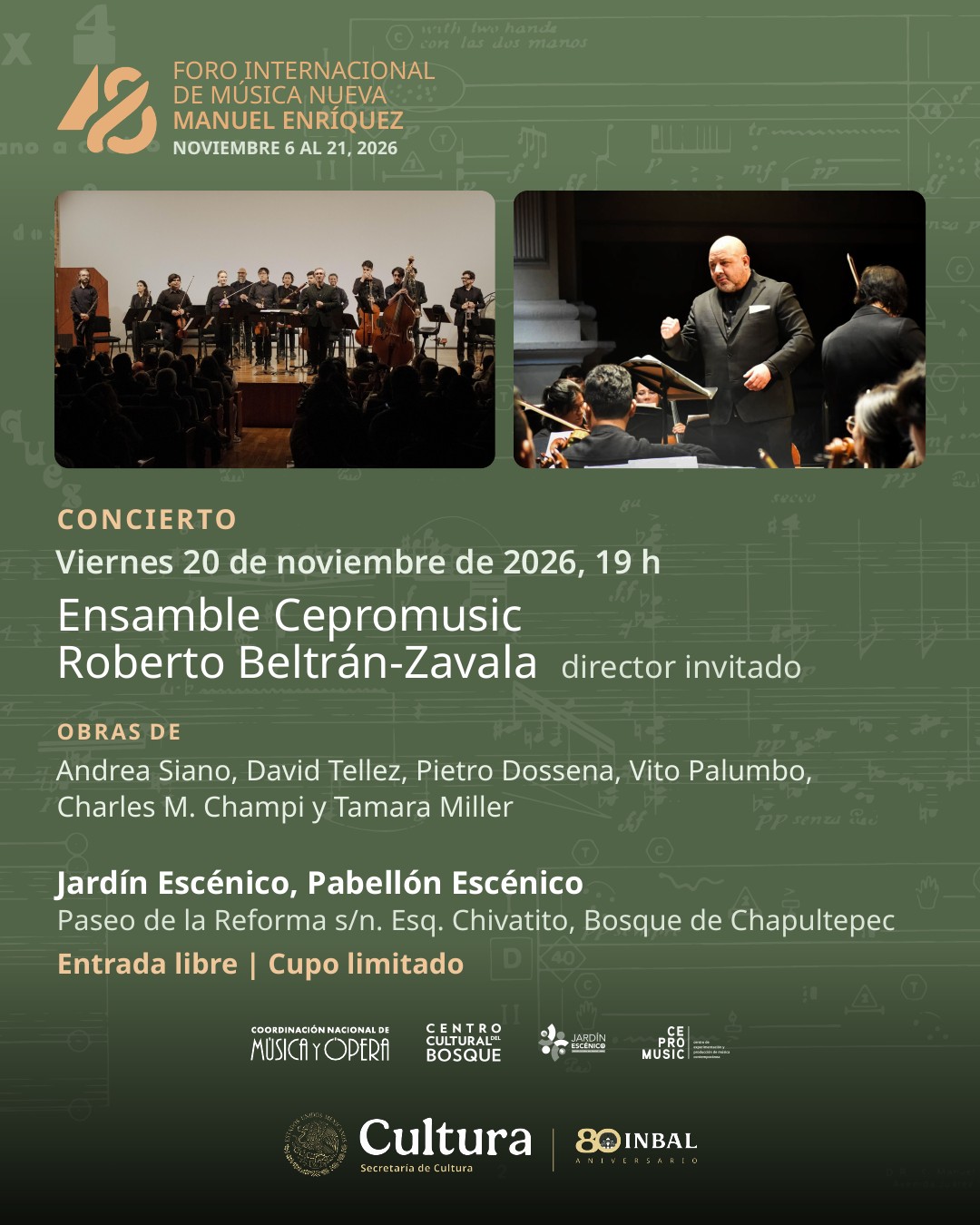 Official concert poster: Ensamble Cepromusic, Roberto Beltrán-Zavala, 20 November 2026, Mexico City.