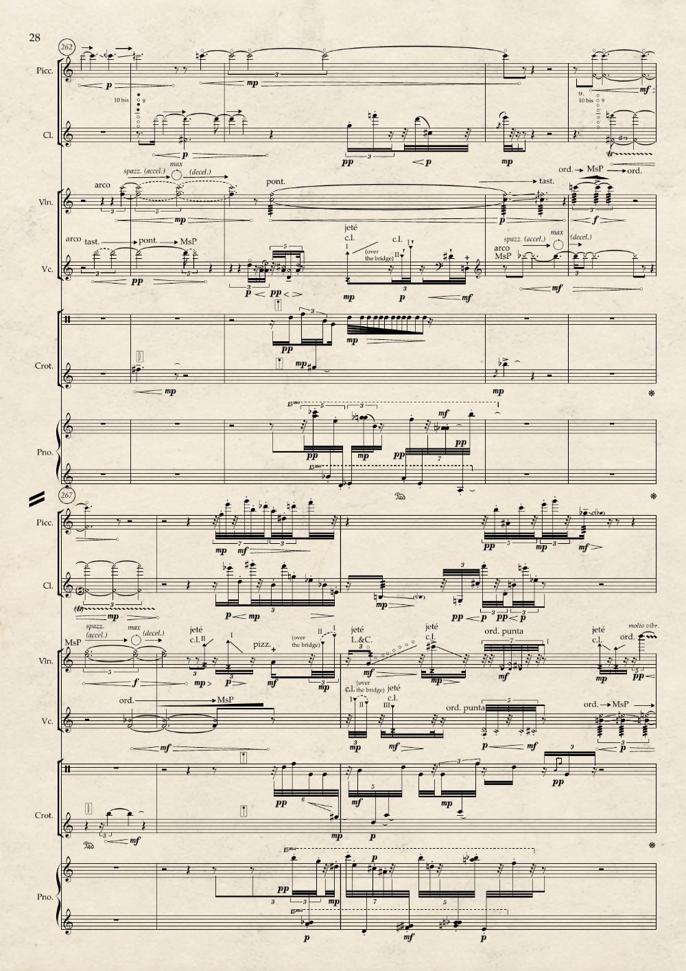 Seeds of Light, page 28: original notation on a textured paper background, with piccolo, clarinet, violin, cello, percussion and piano.